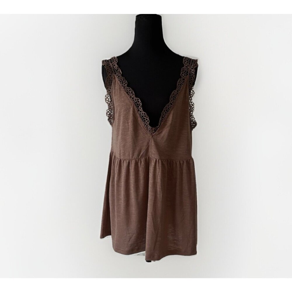 Bibi Babydoll Top Deep Plunge V-neck Brown Goblincore‎ Fairy Hippie Boho Western